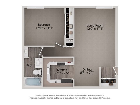 Floor plan for 1 bed, 1 bath, 700 sqft